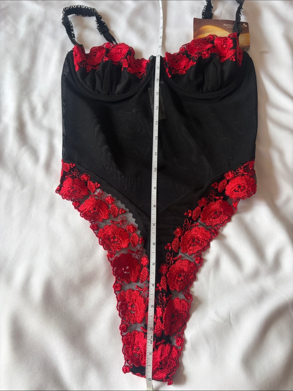 Papillon Blanc Black Bodysuit with Red Floral Lace